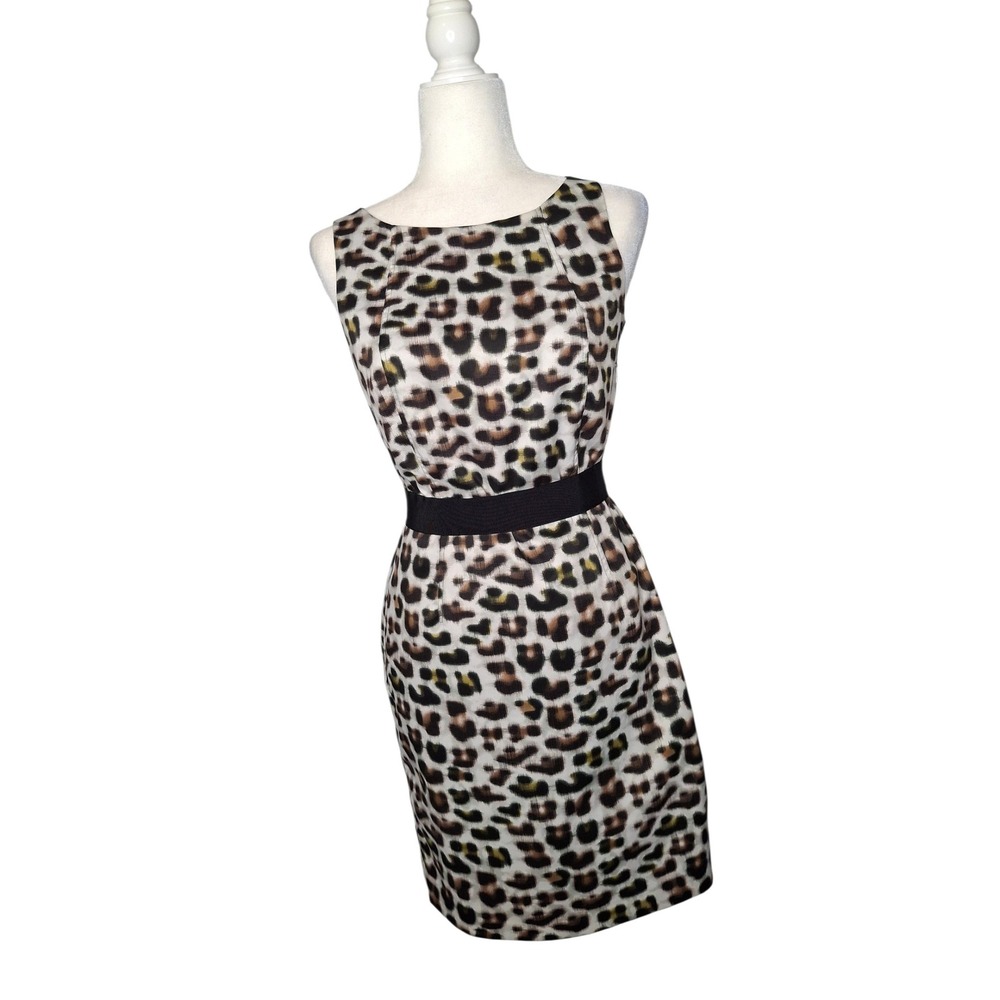 Ann Taylor Petite Leopard Print Sheath Dress Black Waistband 4P Sleeveless